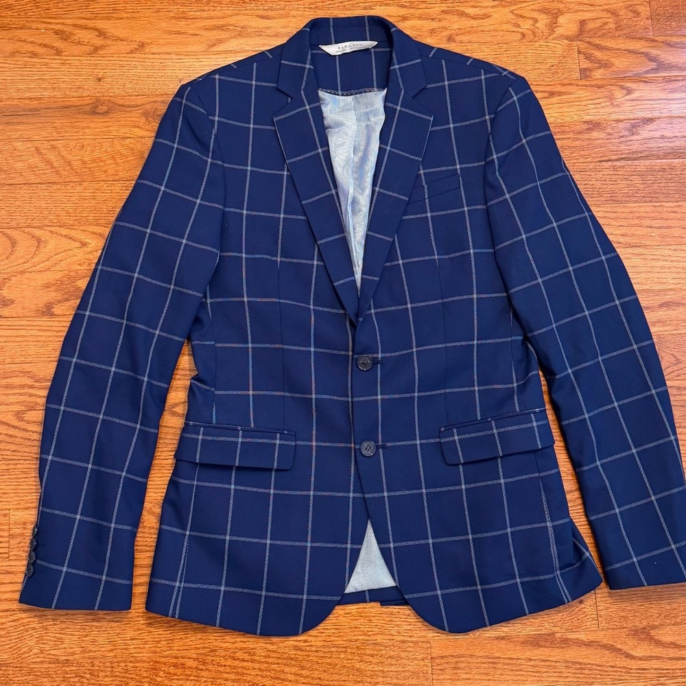 Zara Man Suit Men 38R Slim Blue Windowpane Pants Fit (31x29) Notch Lapel Casual